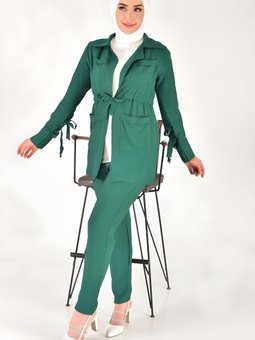Yeşil Keten Görünümlü Lina Kumaş Beli Büzgü Detaylı Üç Parça Takım