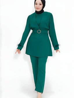 Yeşil Krep Kumaş İkili Kemeri Taşlı Takım