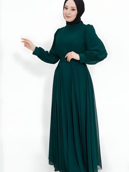 Zümrüt Yeşili Şifon Kumaş Kruvaze Yaka Abiye Elbise