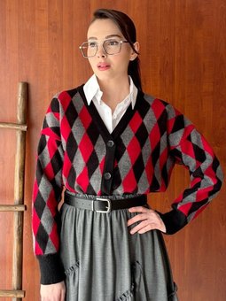 Baklava Desenli Triko Kırmızı Hırka