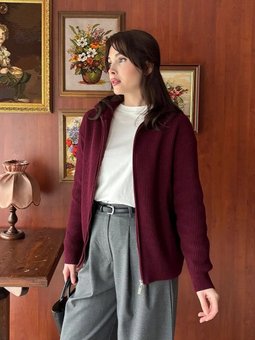 Fermuarlı Triko Bordo Hırka