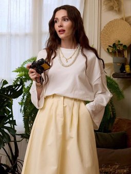 Keten Tek Düğmeli Etek & Body Sarı Takım Ekru