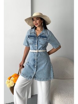 Gömlek Yaka Kot Ön İki Cepli Tunik Mavi