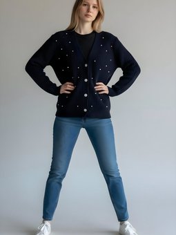 Siyah Boncuklu Şardonlu Pamuklu Hırka