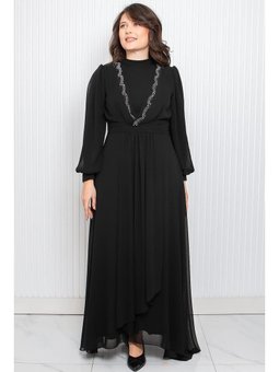Taş Baskı Detaylı Şifon Abiye Elbise Siyah