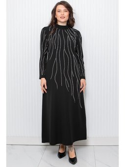 Taş Baskı Detaylı Siyah Abiye Elbise