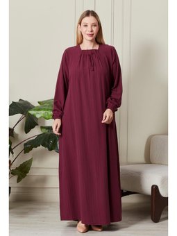 Büyük Beden Gofre Kumaş Kare Yaka Bordo Elbise