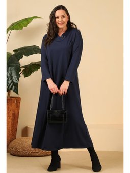 Kadin Buyuk Beden Petek Kumaş Jakar Anne Elbisesi Lacivert Elbise
