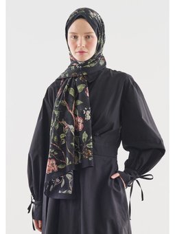 Flower Raın Desenli Pamuk Viskon Siyah Şal