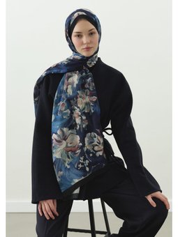 Jane Desenli Pamuk Viskon Gece Mavisi Şal