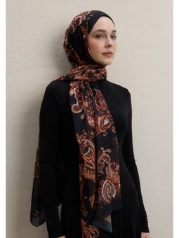 Wıld Flora Desen İpek Krep Siyah Şal