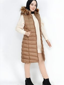 Camel Büyük Beden Şişme Cep Fermuarlı Dolum Yelek