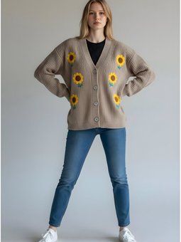 Camel Çiçek Motifli Şardonlu Pamuklu Hırka