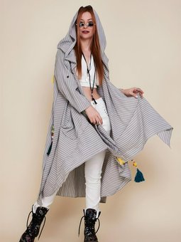 Gri Boho Mevsimlik Cadı Kapüşonlu Cepli Panço