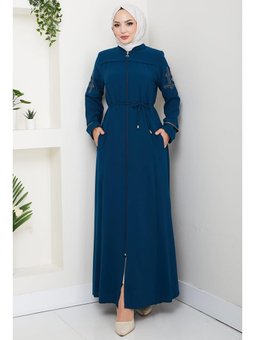 Bağcıklı Kolu Nakışlı Petrol Ferace