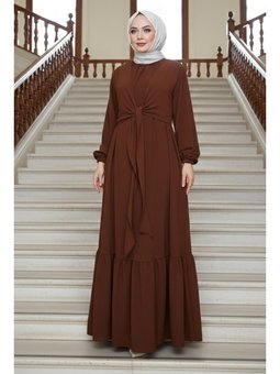 Bağlama Detaylı Ayrobin Kahverengi Elbise