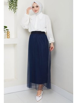 Beli Lastikli Tül Lacivert Etek