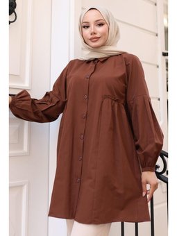 Büzgü Detaylı Balon Kol Gömlek Kahverengi