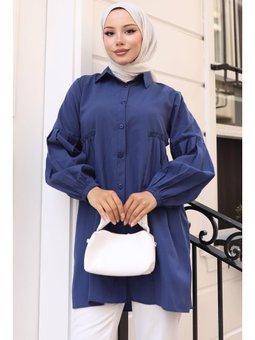 Büzgü Detaylı Balon Kol Gömlek Lacivert