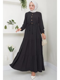 Büzgülü Düğmeli Ayrobin Antrasit Elbise