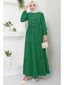 Büzgülü Düğmeli Ayrobin Su Yeşili Elbise