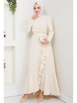 Eteği Fırfırlı Drapeli Krem Elbise