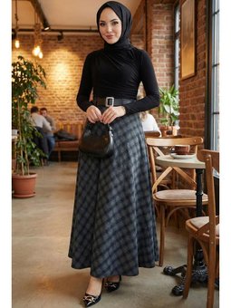 Kemerli Mevlana Model Ekose Yeşil Etek