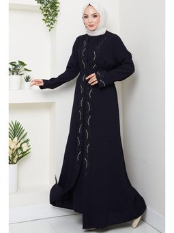 Kuşaklı Taş Detaylı Abaya Lacivert
