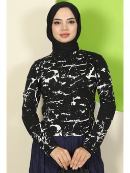 Mermer Desenli Bisiklet Yaka Body Siyah