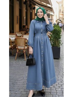Beli Büzgülü Düğmeli Kot Mavi Elbise