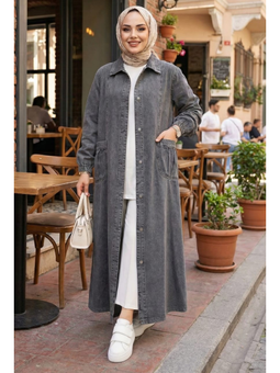 Düğmeli Cepli Denim Gri Kot Kap