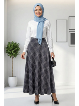 Ekose Kumaş Desenli Lacivert Etek