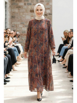 İçi Şardonlu Desenli Kahverengi Şifon Elbise