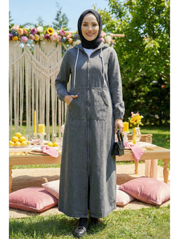 Kapüşonlu, Cepli Ve Fermuarlı Denim Koyu Gri Kot Kap