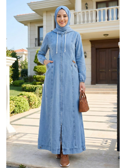 Kapüşonlu Fermuarlı Cepli Açık Kot Mavi Kap