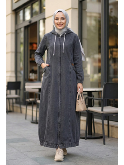 Kapüşonlu Fermuarlı Cepli Koyu Kot Gri Kap