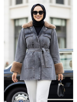 Kemerli Cepli Kürk Detaylı Gri Kot Ceket