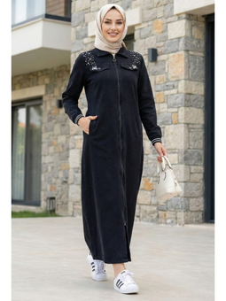 Taş İşlemeli Fermuarlı Ribanalı Siyah Kap