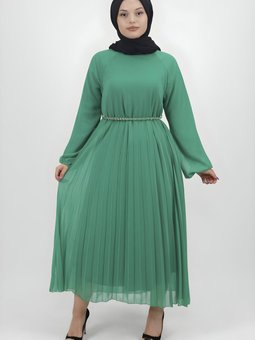 Yeşil Piliseli Zincir Kemerli Şifon Elbise