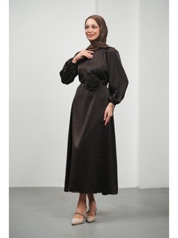 Acı Kahve Çiçek Kemerli Taşlı Saten Abiye Elbise