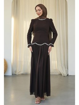 Acı Kahve Sırt Bağlamalı Taşlı Abiye Elbise