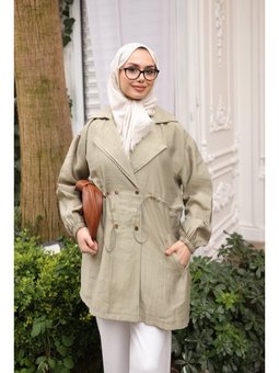Açık Haki Bel Lastikli Kruvaze Yaka Ceket