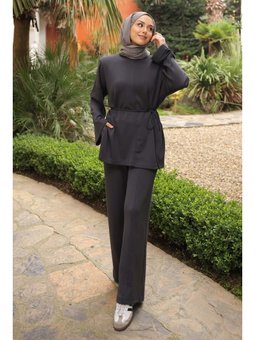 Antrasit Bel Bağlamalı Tunik Pantolonlu Modal Takım
