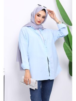 Bebe Mavi Düğmeli Salaş Terikoton Gömlek