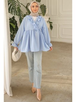 Bebe Mavi Yaka Fırfırlı Yan Bağlamalı Kol Lastikli Tunik