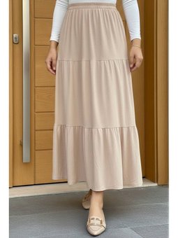 Bej Eteği Katlı Bel Lastikli Bürümcük Etek