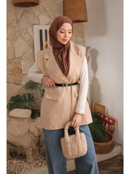 Bej Omuzu Dik Vatkalı Kemerli Astarlı Yelek