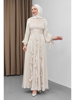 Bej Önü Drapeli Kol Bağlamalı Abiye Elbise