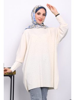 Bisiklet Yaka Taş İşlemeli Tunik