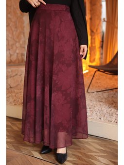 Bordo Bel Lastikli Desenli Şifon Etek